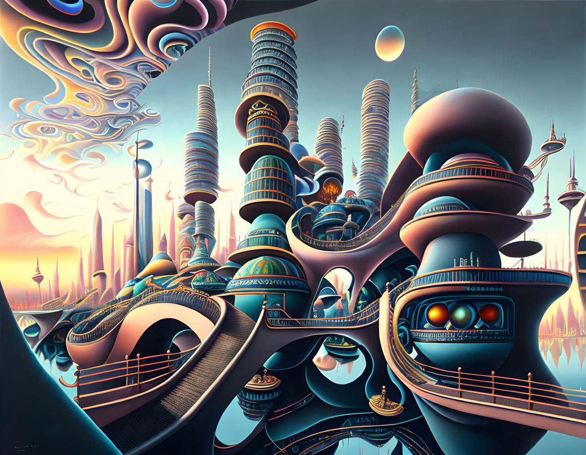 Futuristic cityscape with swirling architecture and towering spires