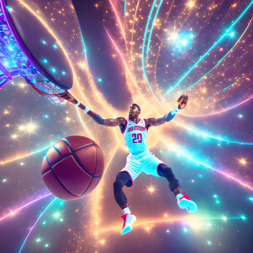 Colorful basketball player mid-air against cosmic backdrop