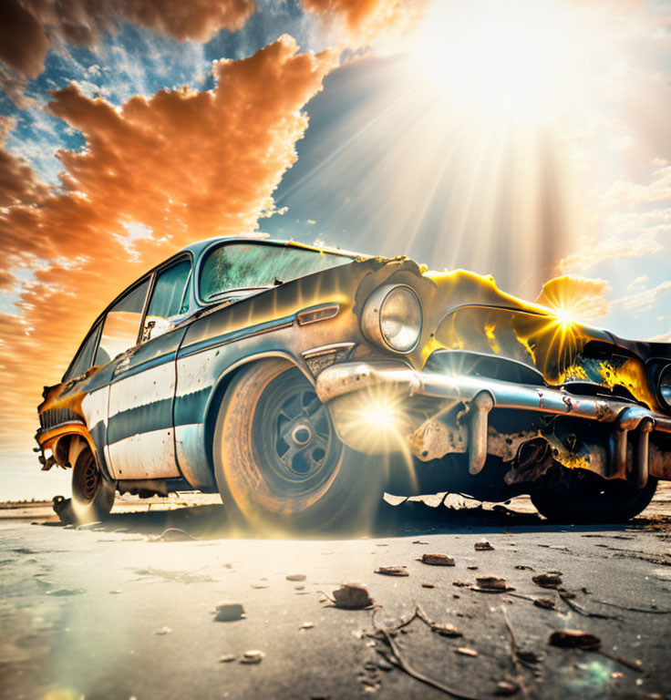 Vintage Car with Peeling Paint in Bright Sunlight and Dramatic Cloudy Sky