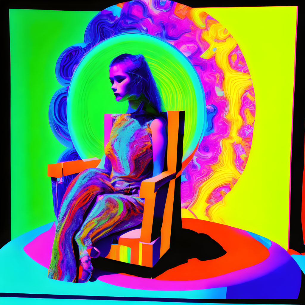 Woman sitting on chair against swirling, colorful backdrop with circular motif