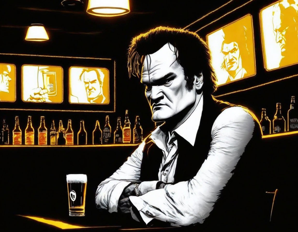 Man with stern expression at bar with beer, yellow and black tones, portraits on wall.