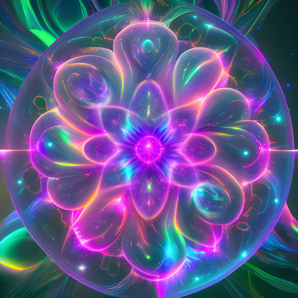 Neon-colored fractal flower artwork with glowing lines