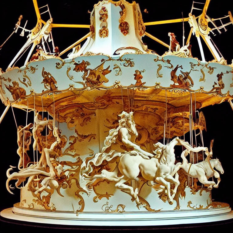 White Horses Carousel with Golden Embellishments on Dark Background