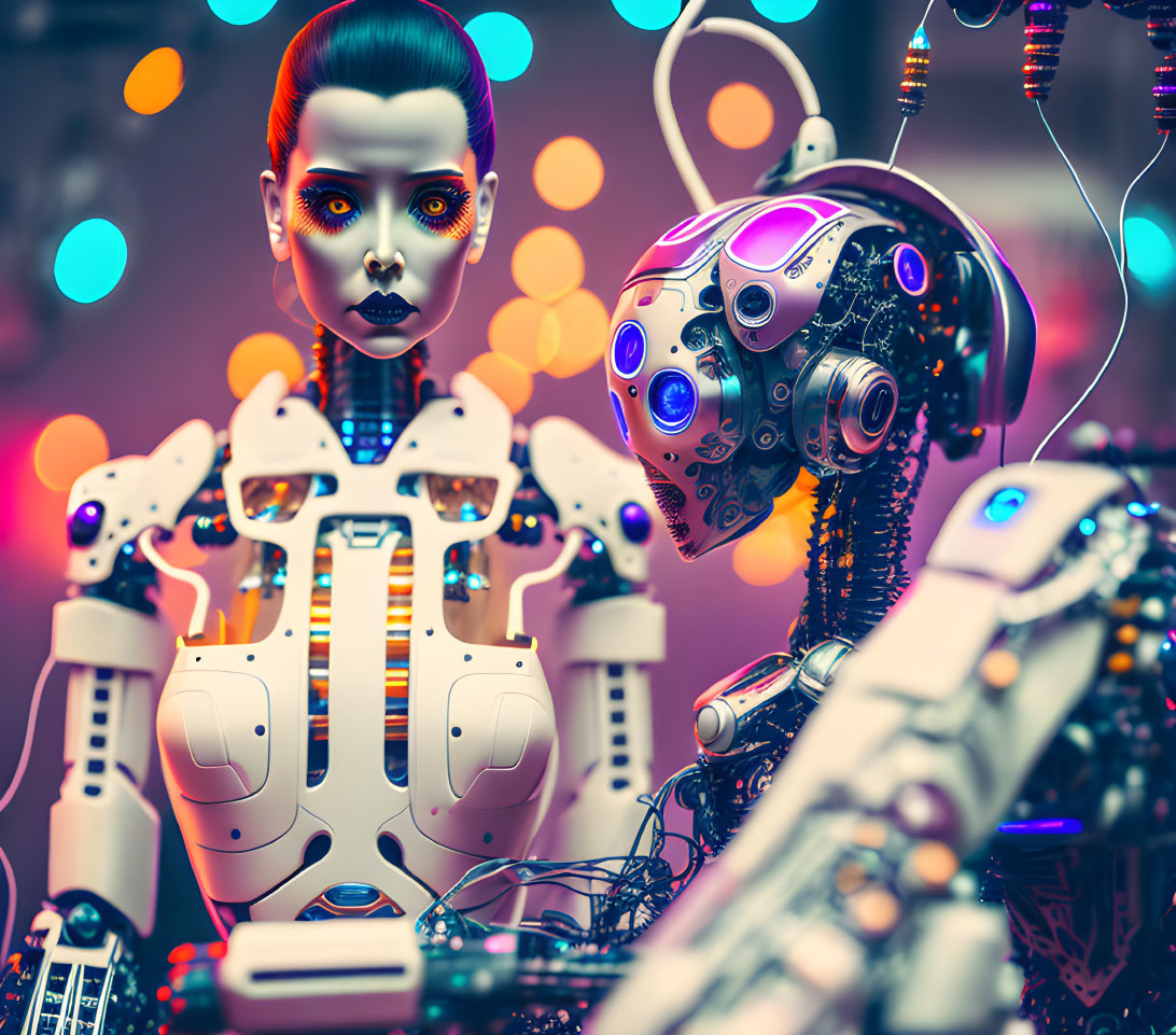 Realistic female android and complex robot in colorful bokeh lights