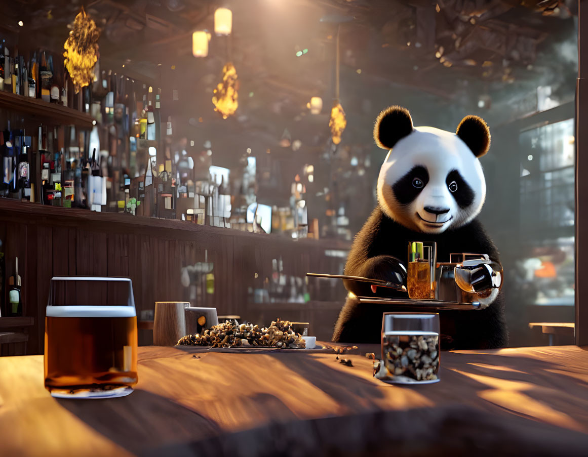 Whimsical panda bartender in cozy bar scene with beer and snacks