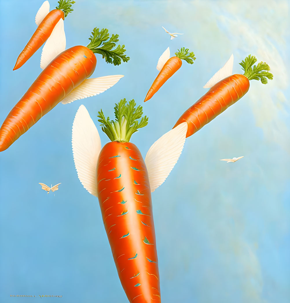 Carrots with wings flying in the sky with clouds