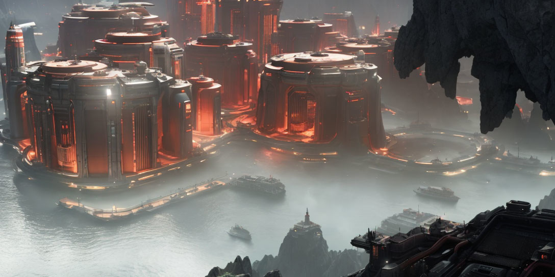 Futuristic cityscape with glowing red lights and towering structures amid water and rock formations at dusk