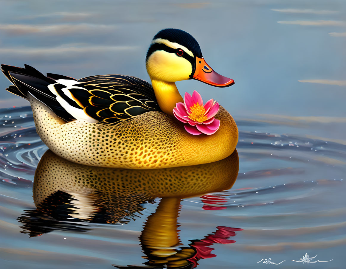 Colorful Duck Illustration with Intricate Patterns and Pink Water Lily