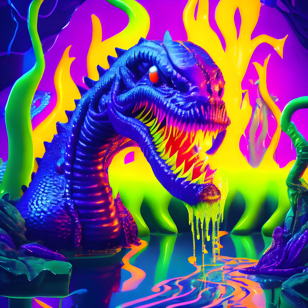 Vibrant digital art: Blue dragon in neon waters with yellow flames