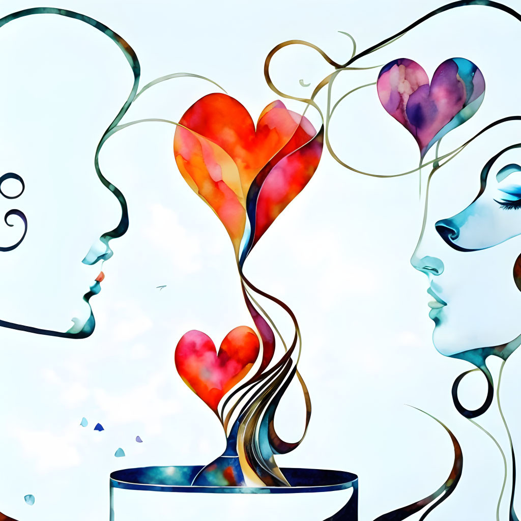 Stylized profile faces with heart motif and colorful swirls on light background