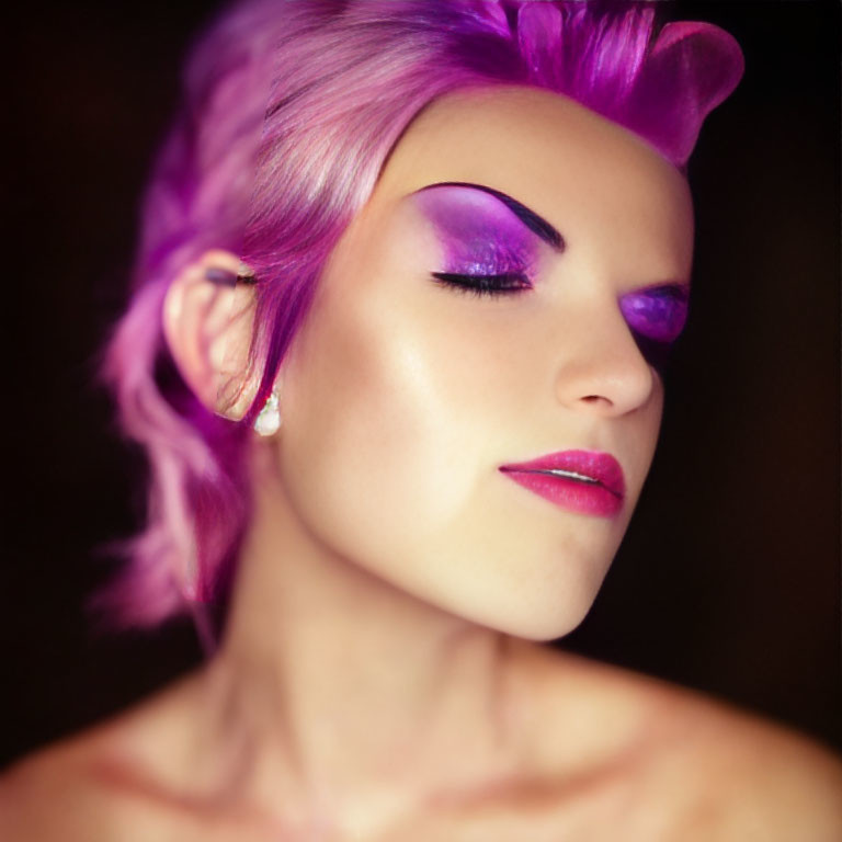 Vibrant purple hair woman with bold red lipstick on softly lit background