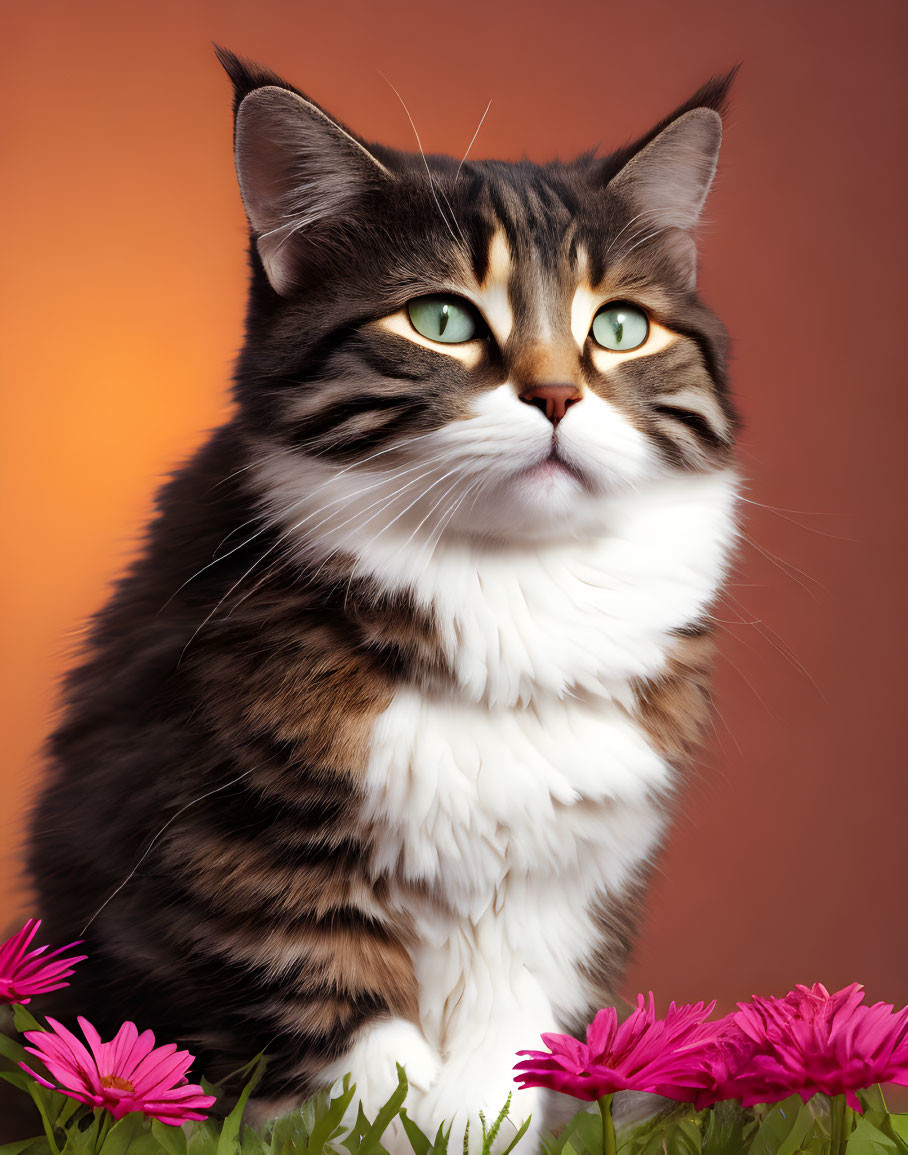 Fluffy Tabby Cat with Green Eyes Among Pink Flowers on Warm Background