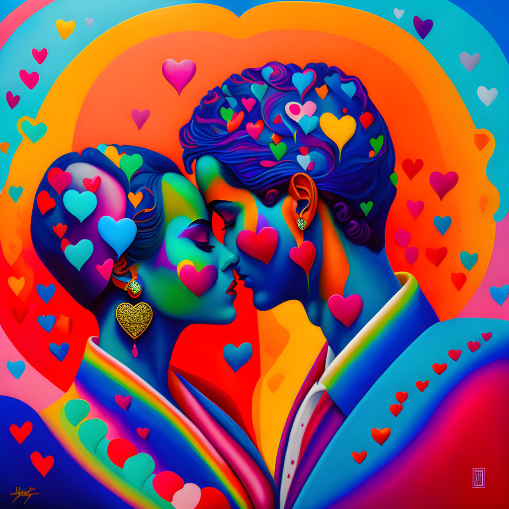 Colorful digital artwork: Two figures touching foreheads surrounded by hearts