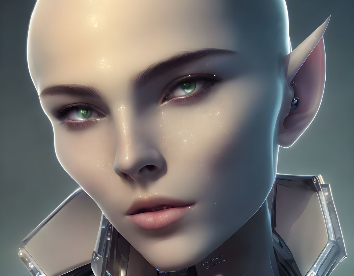 Futuristic female character with pointed ears and metallic neckpiece