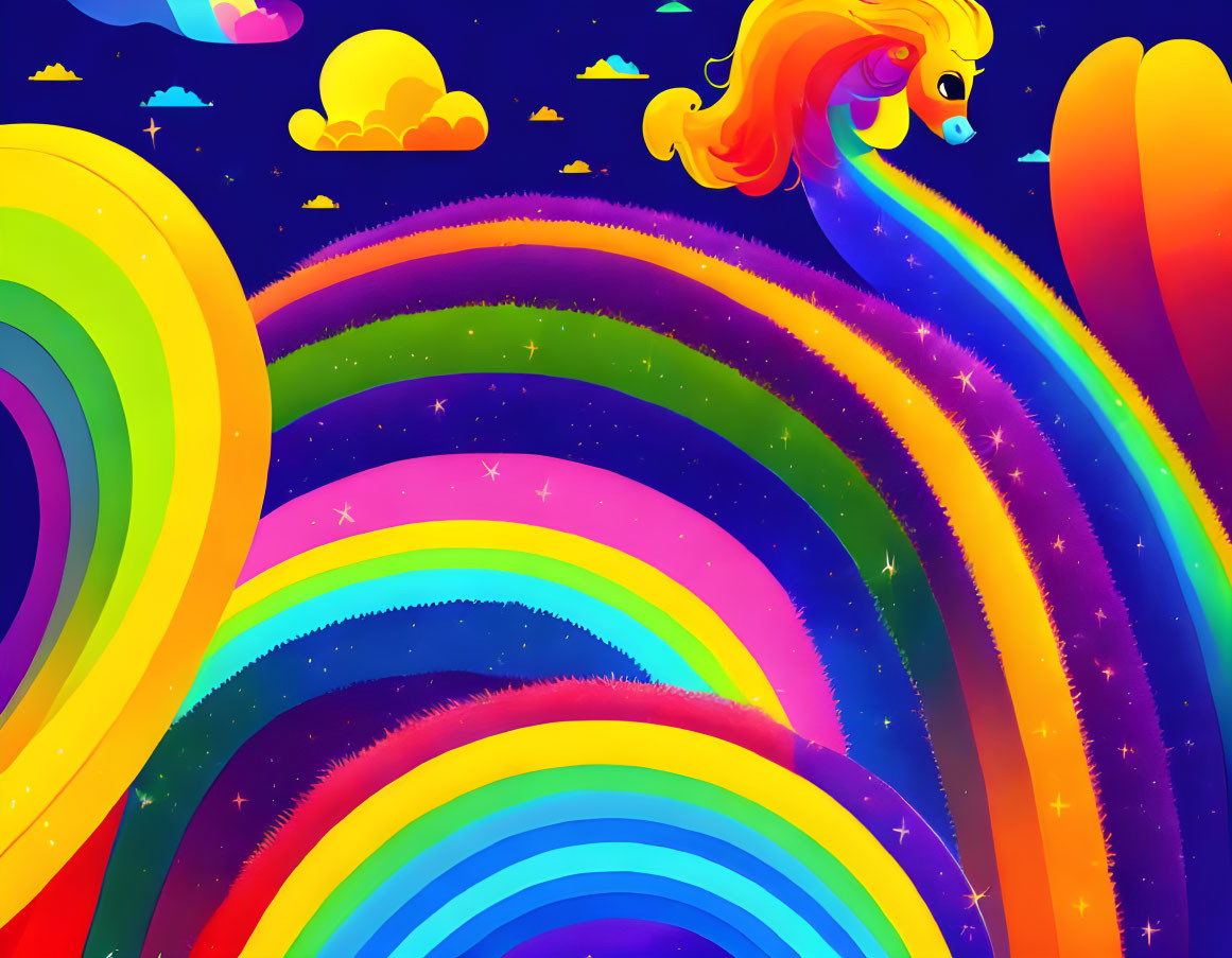 Vibrant Rainbow Landscape with Flying Unicorn