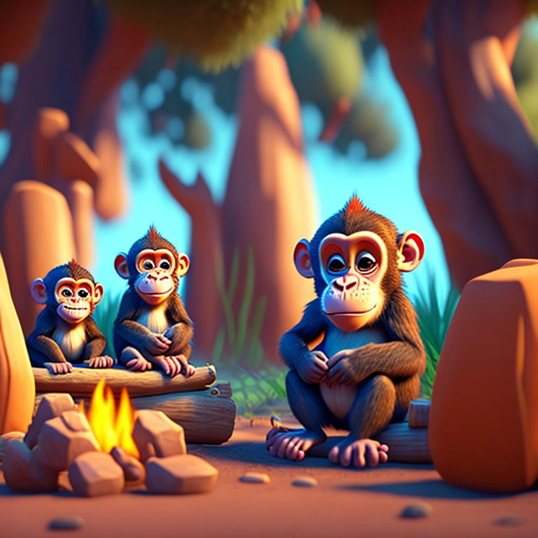 Three animated monkeys around campfire in forest at dusk