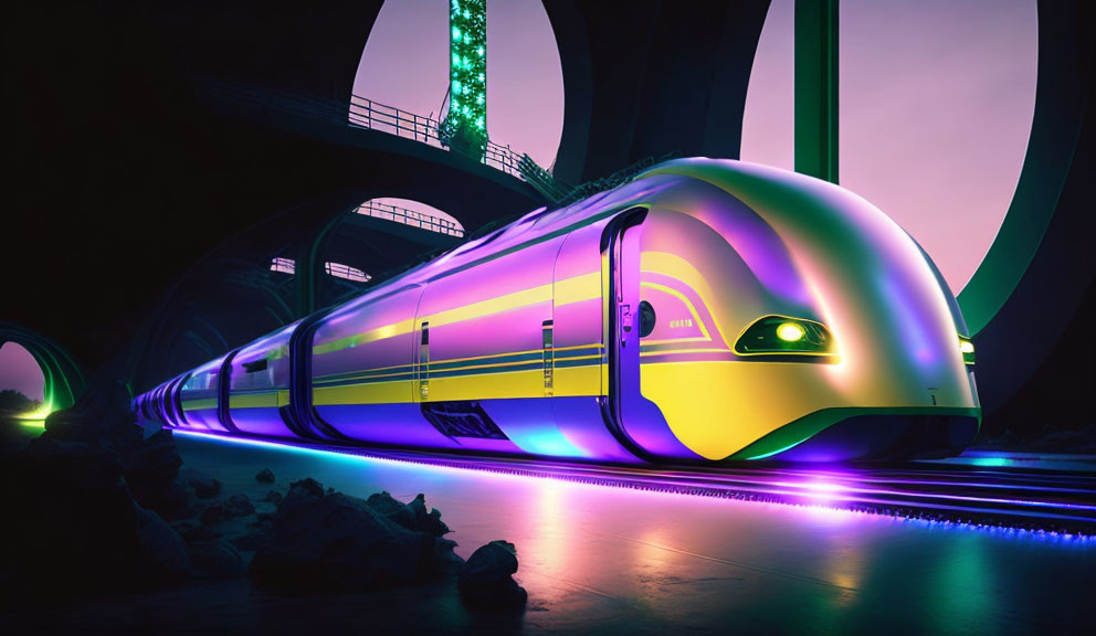 Sleek Purple and Yellow Futuristic Train in Neon-Lit Tunnel