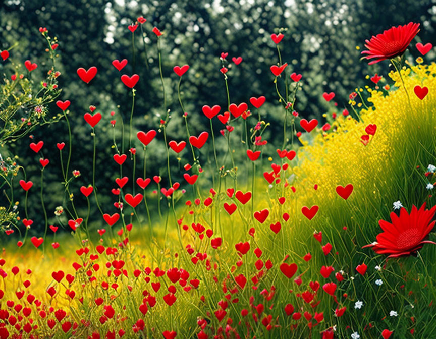 Colorful heart-shaped flowers in lush meadow under green trees