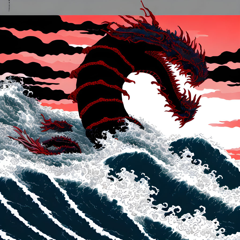 Dark dragon illustration soaring above ocean waves in pink skies