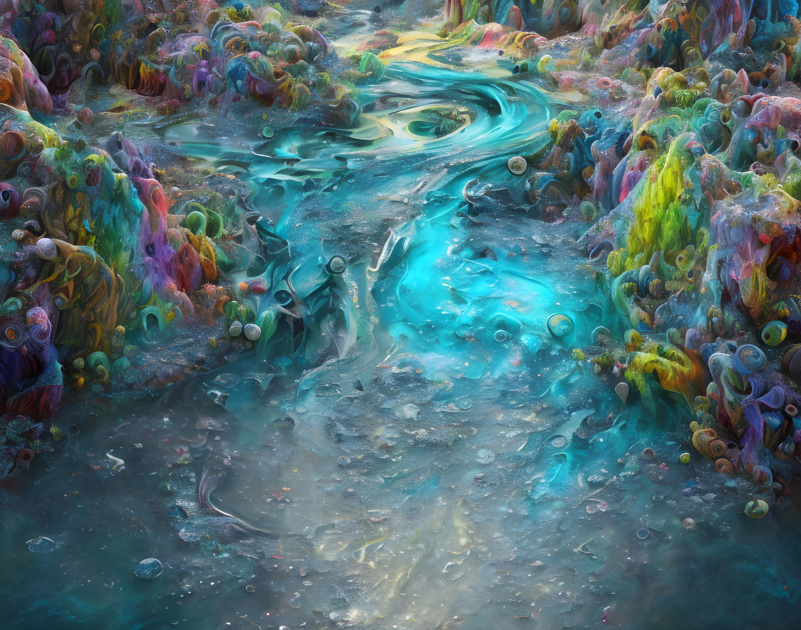 Colorful digital artwork: Surreal river with blue water & mossy formations