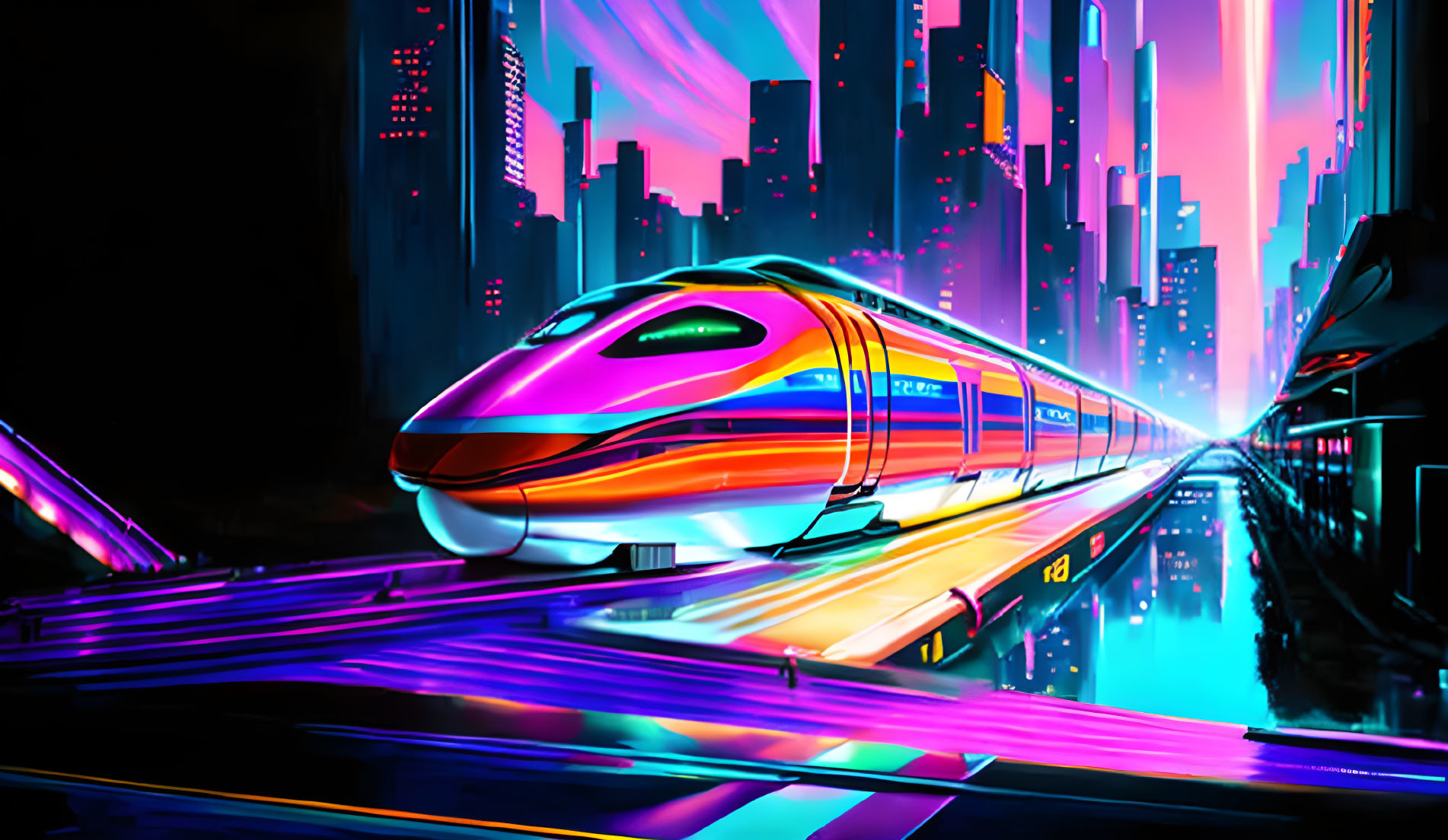 Futuristic neon-lit maglev train in cyberpunk cityscape