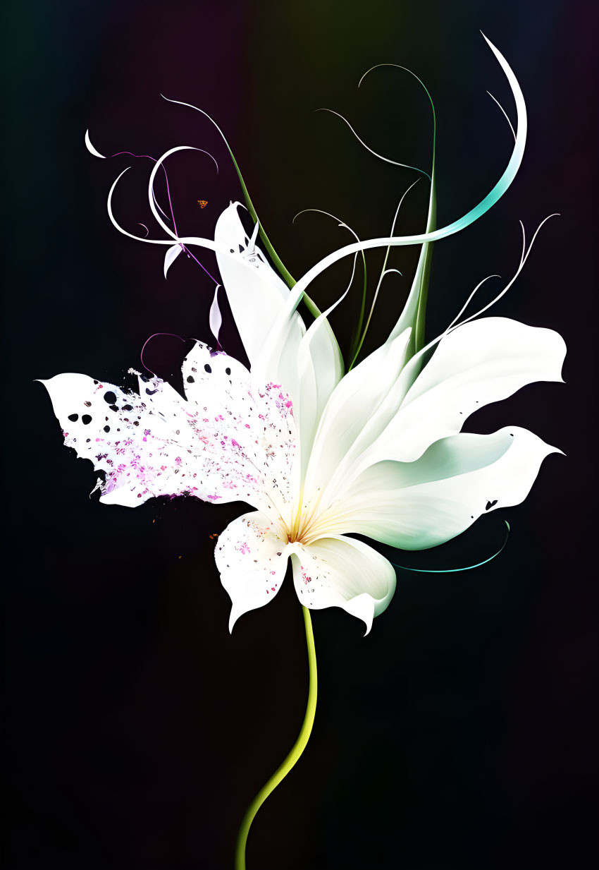 Stylized white lily with purple splashes on dark background