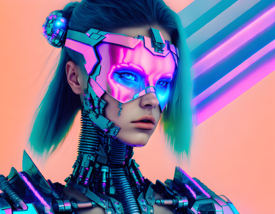 Futuristic female cyborg with blue glowing eyes and cybernetic headpiece on pink and blue