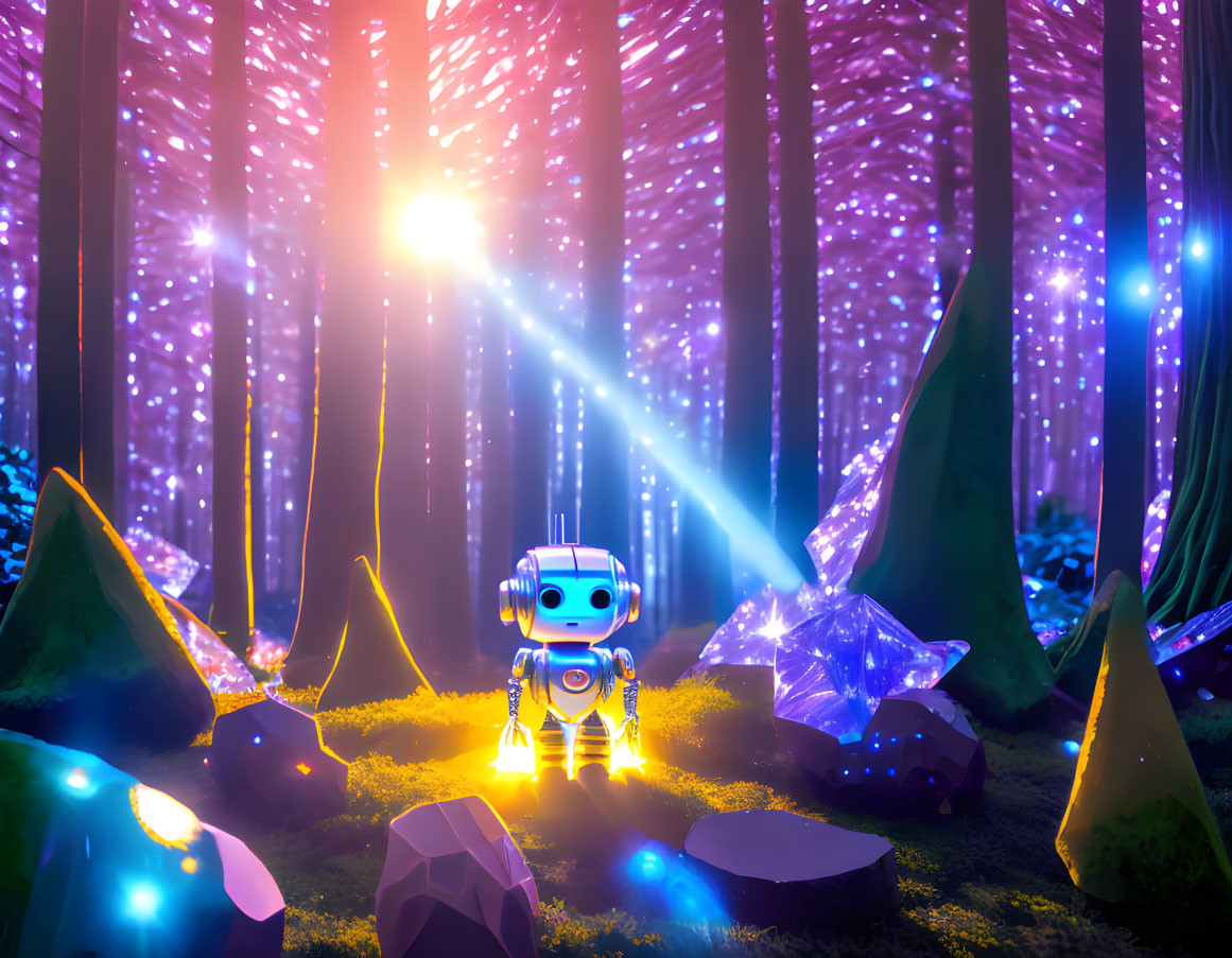 Glowing-eyed robot in vibrant enchanted forest
