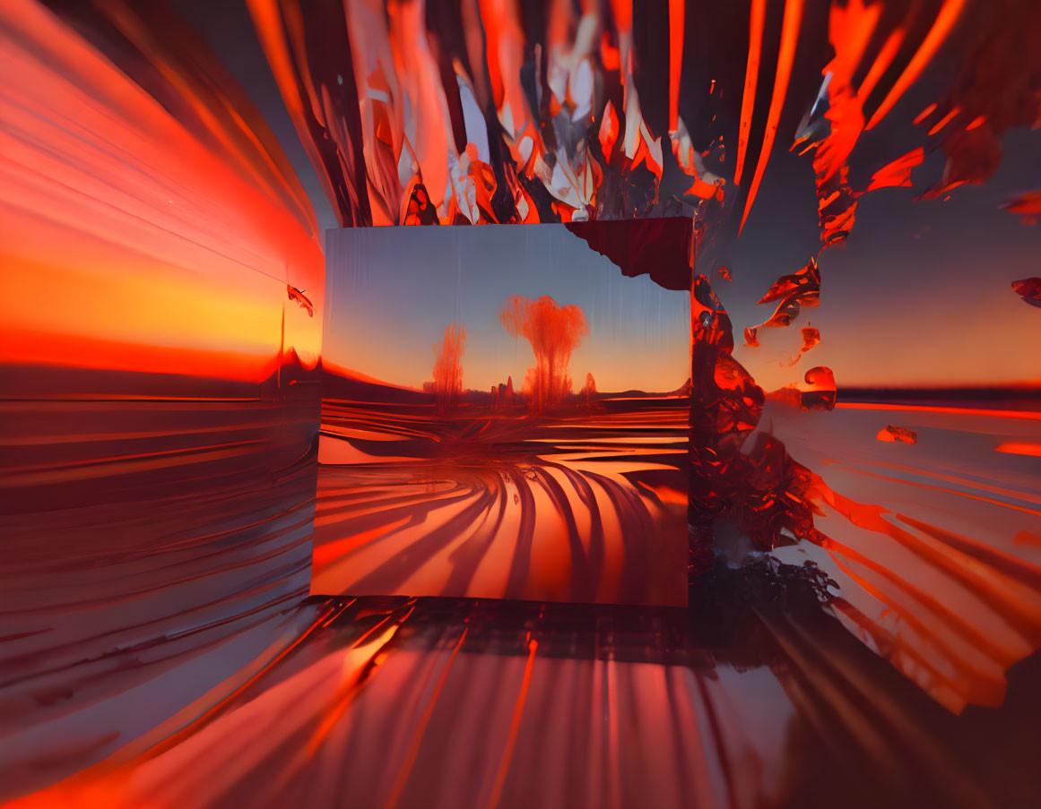 Abstract Surreal Landscape: Shattered Sunset Scene and Vibrant Red-Orange Burst