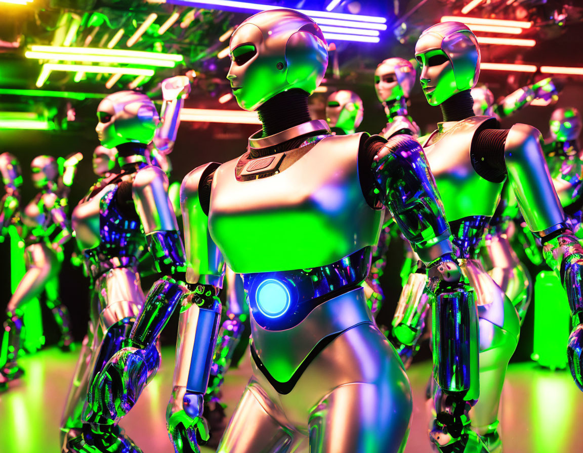 Futuristic humanoid robots with metallic bodies and neon lights