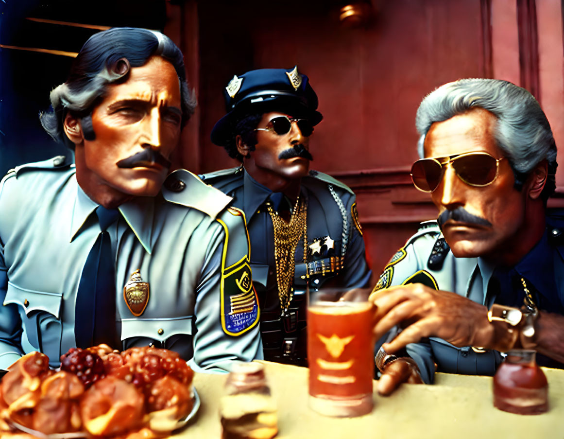 Stylized police officers with mustaches at a bar with donuts and a drink