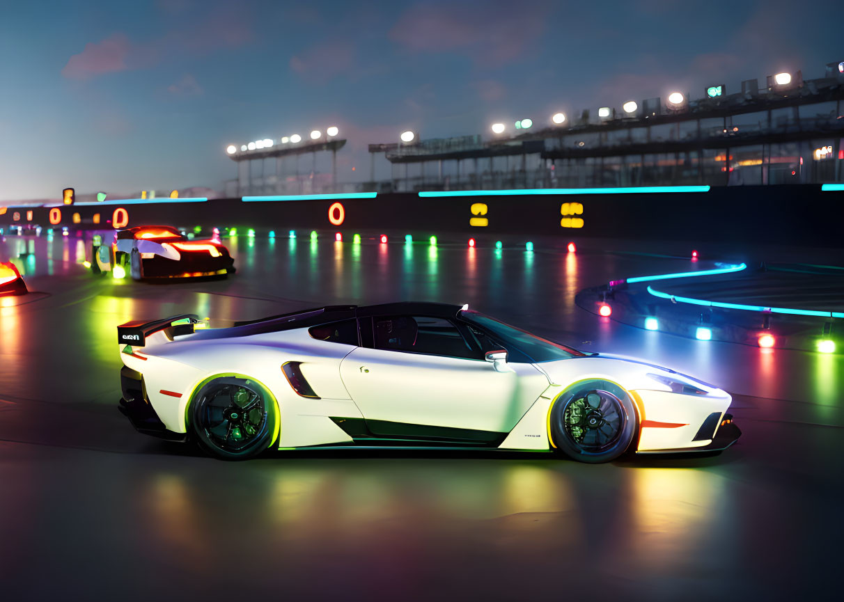 White Sports Car with Green Accents on Twilight Track with Colorful Lights