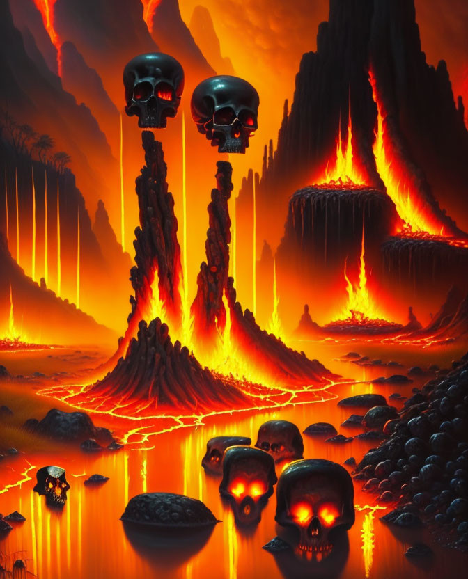 Volcanic landscape with skulls, lava flows, and glowing fissures among towering rock formations