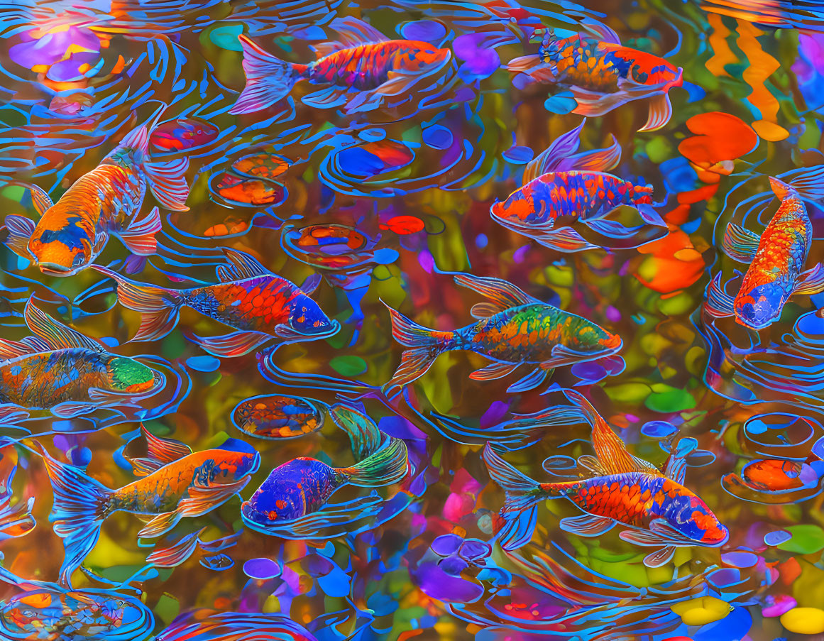 Vibrant digital artwork of stylized fish in abstract underwater scene