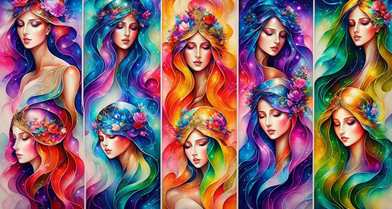 Vibrant digital artwork: Six stylized female figures with floral adornments on abstract backgrounds