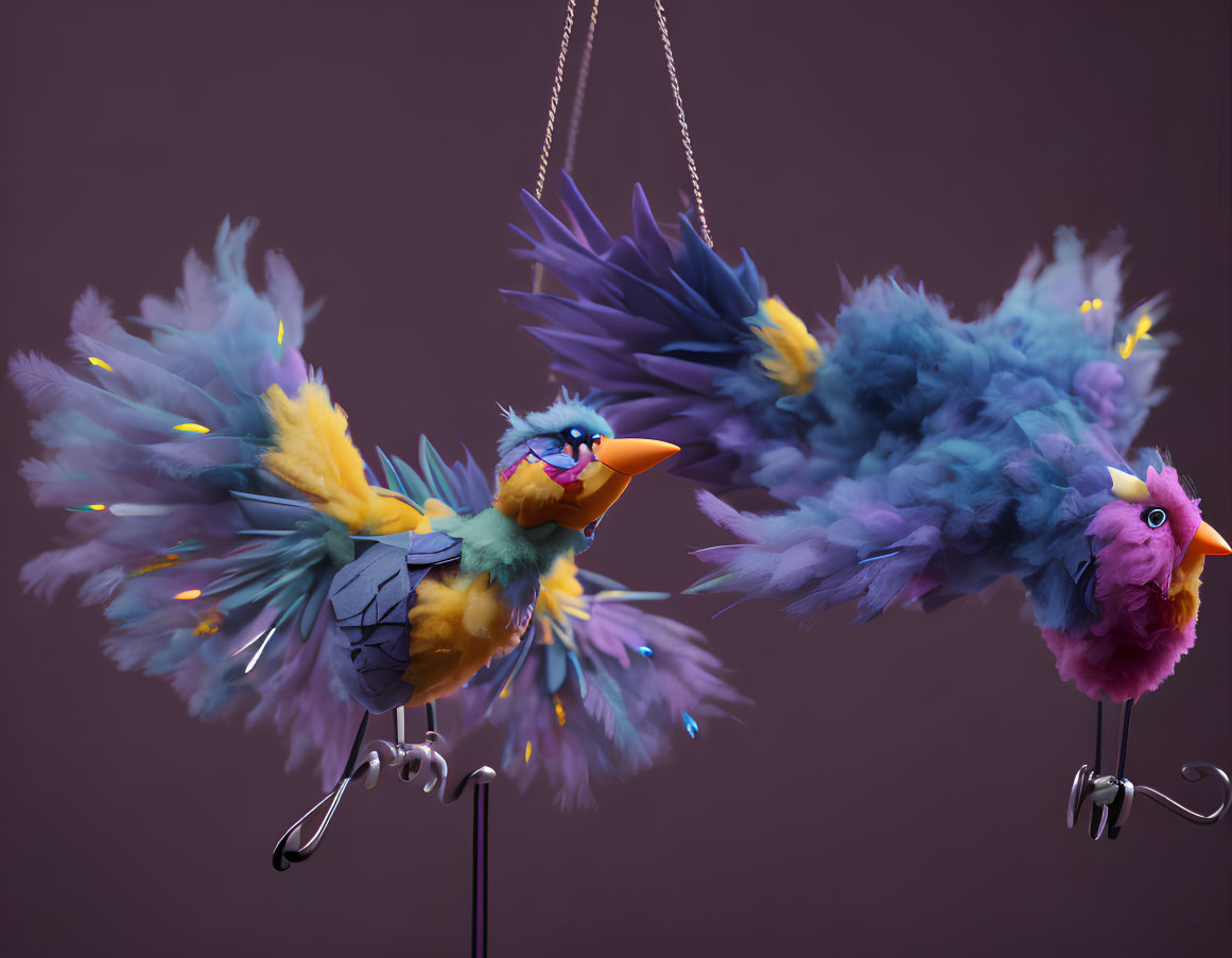 Colorful bird figurines with feathers and beaks on purple background