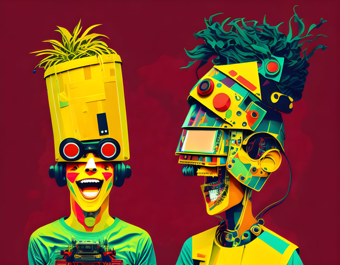 Stylized characters with vibrant robotic heads on red background.