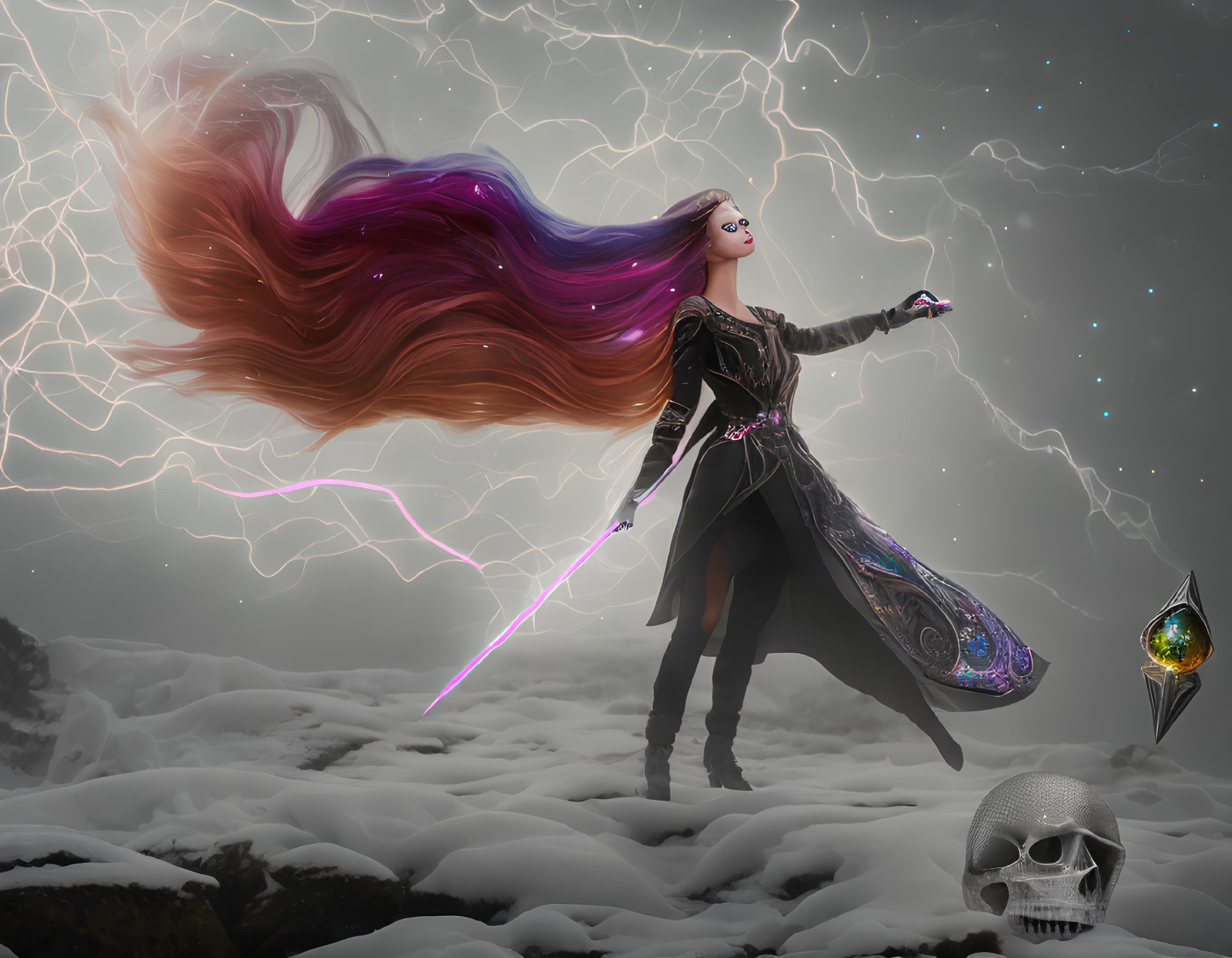 Fantasy warrior woman with glowing sword in stormy skies and mystical elements.