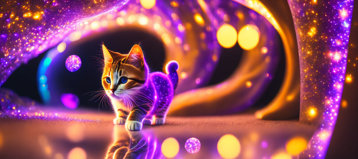 Curious Cat in Fantastical Tunnel with Glowing Lights