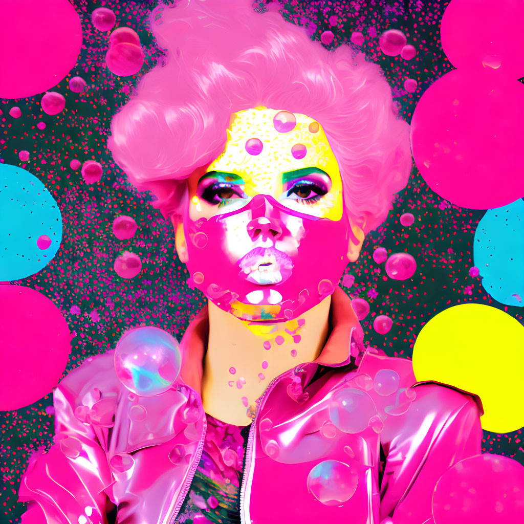 Neon-colored digital artwork with pink-haired person and colorful circles
