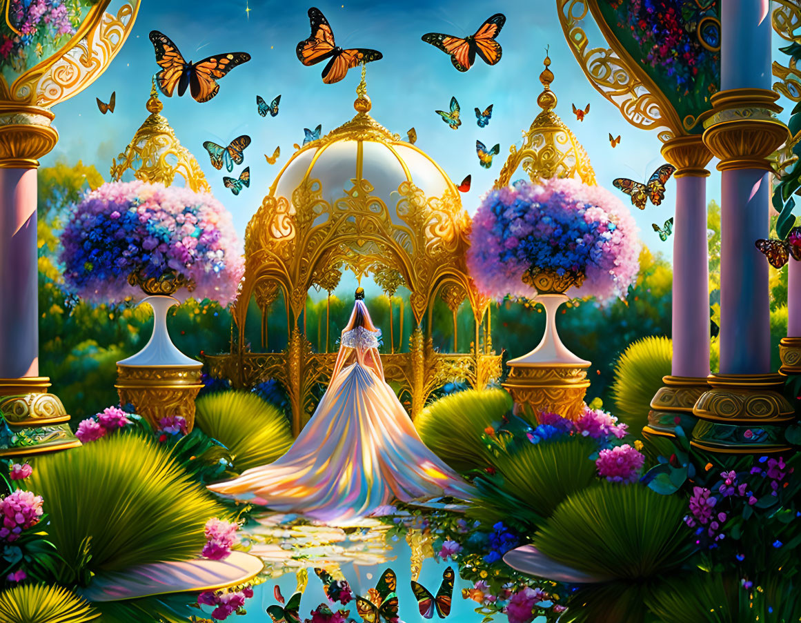 Person in flowing gown under ornate golden gazebo with vibrant flowers and butterflies.