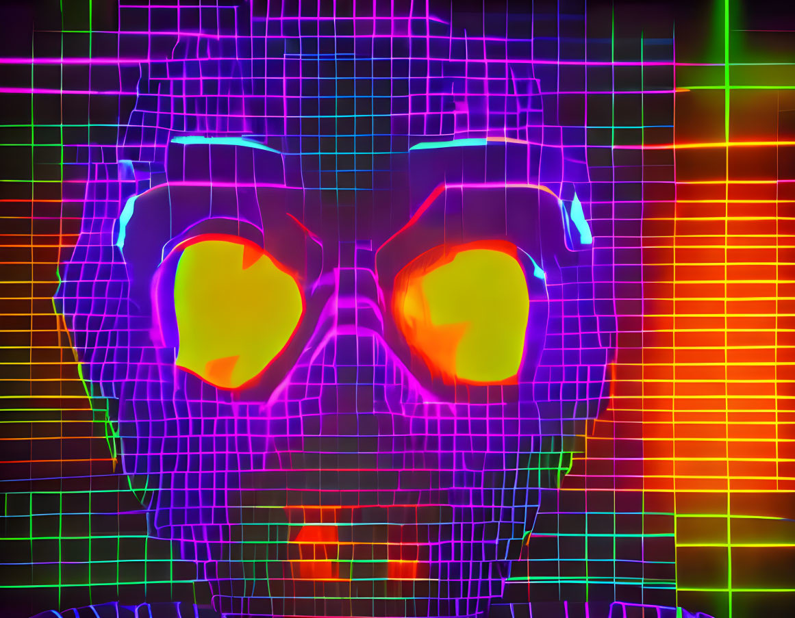 Neon grid digital art with wireframe head on spectrum background