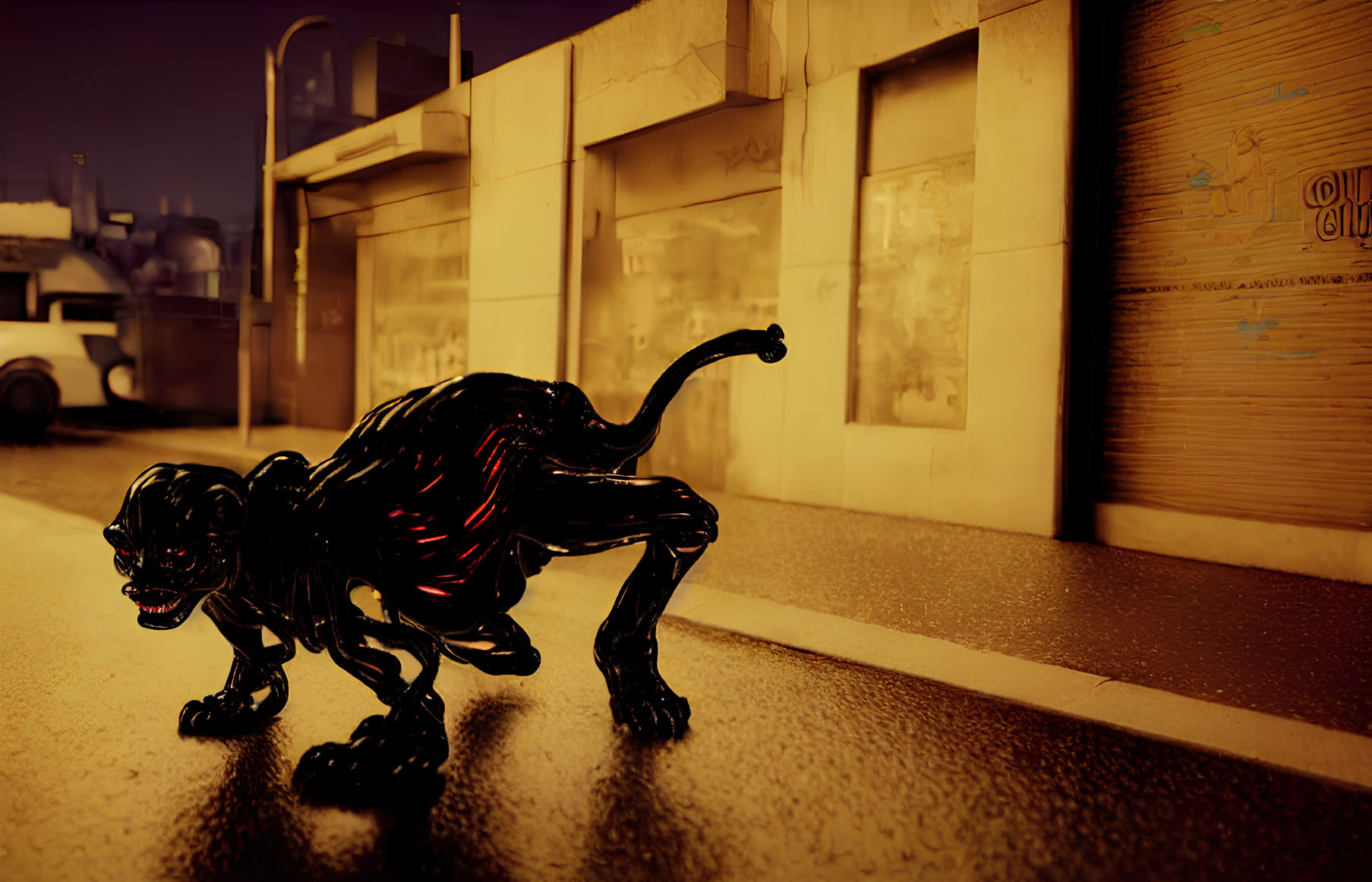 Black panther with red accents prowls deserted urban street at night