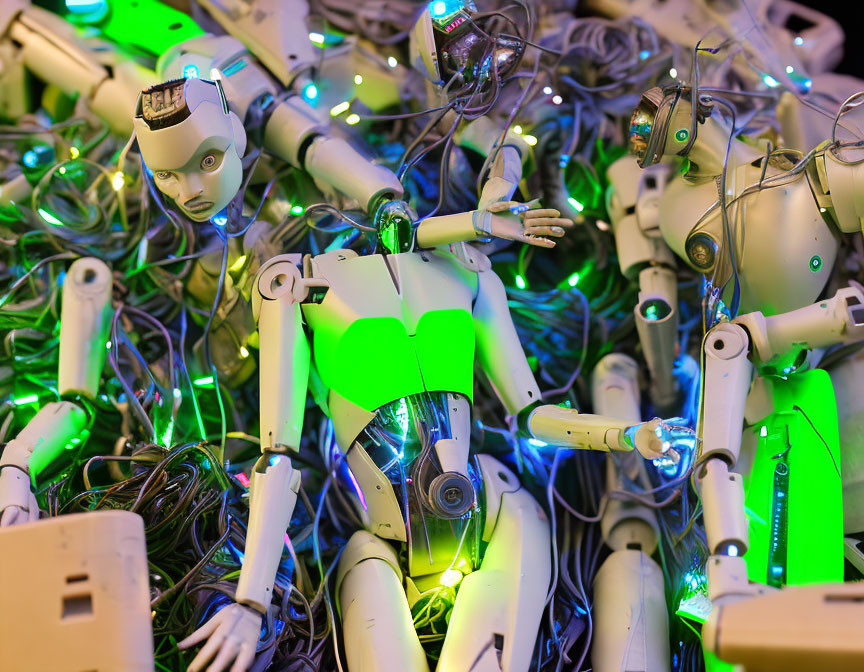 Humanoid robots entangled in glowing green wires with electronic components.