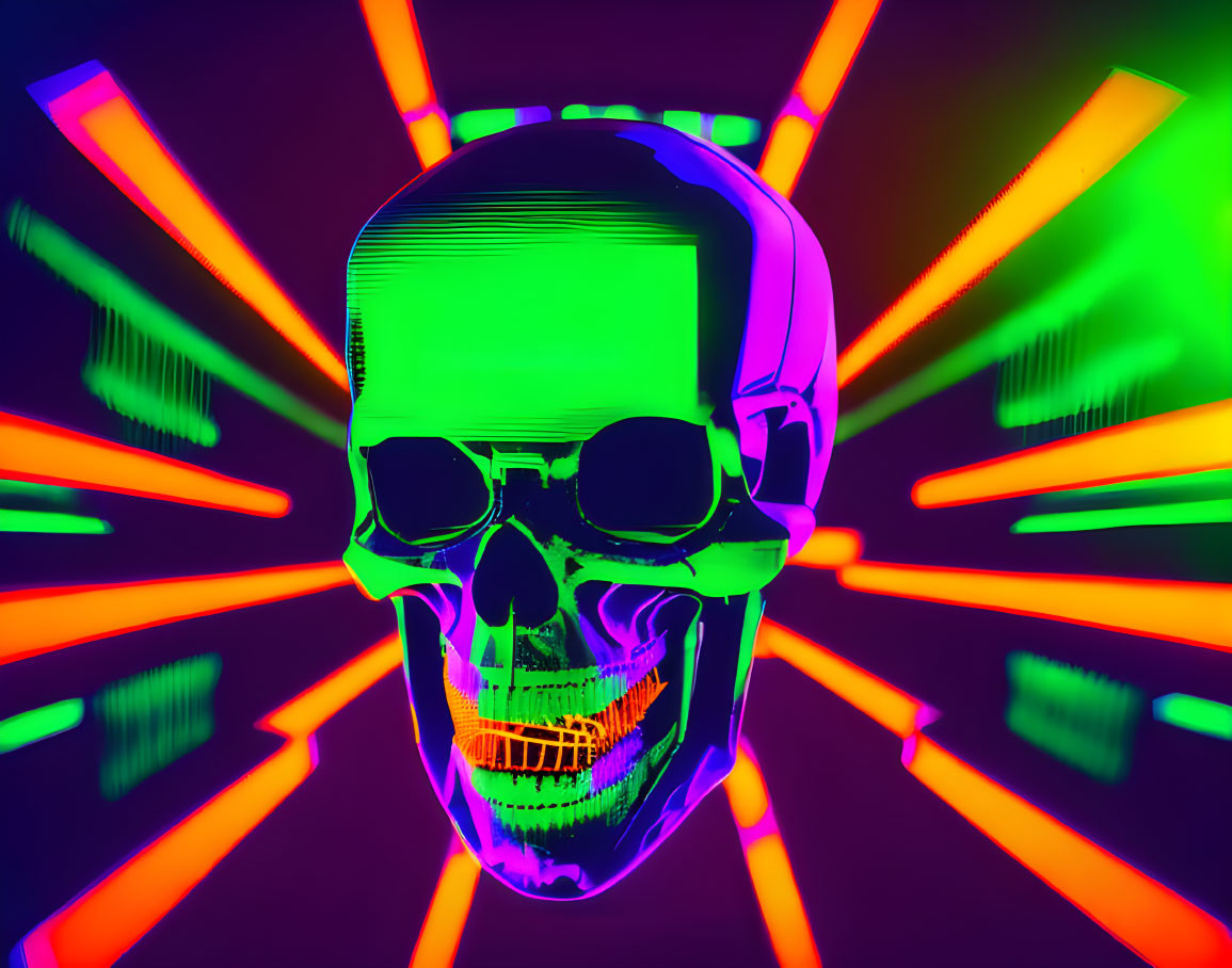 Neon green skull with sunglasses on purple and orange light rays