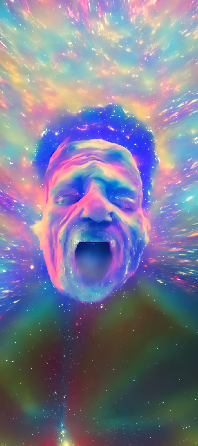 Vibrant cosmic background distorts man's face in psychedelic portrait