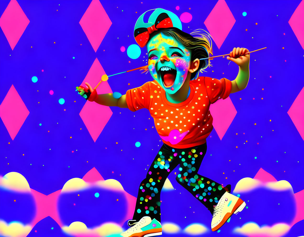 Child with face paint holding wands on vibrant blue background