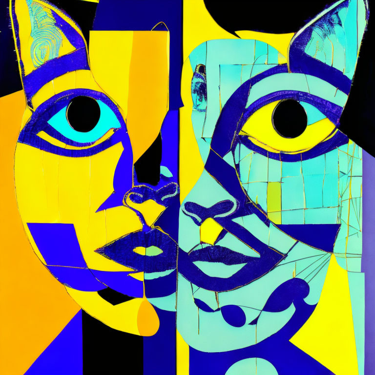 Digital artwork: Human-feline fusion in blue and yellow with geometric patterns