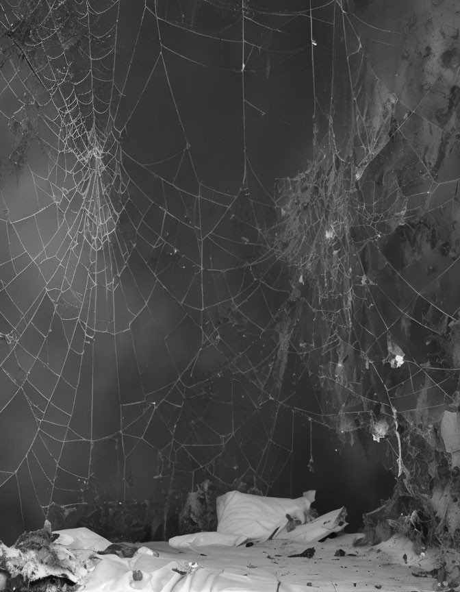 Monochrome image of spider web patterns in a corner