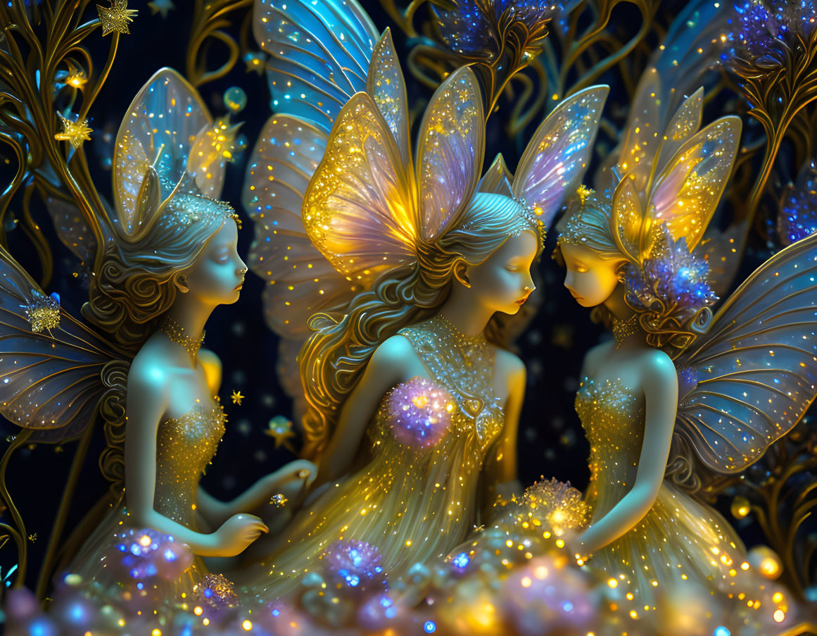 Intricate winged fairies in sparkling dresses with celestial motifs